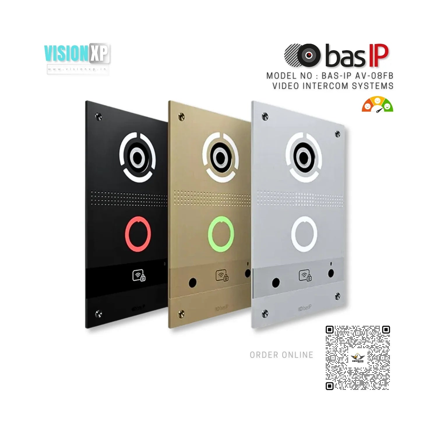 Intercom Bas Three BAS-IP AV-08FB video intercom systems in black, gold, and silver ...