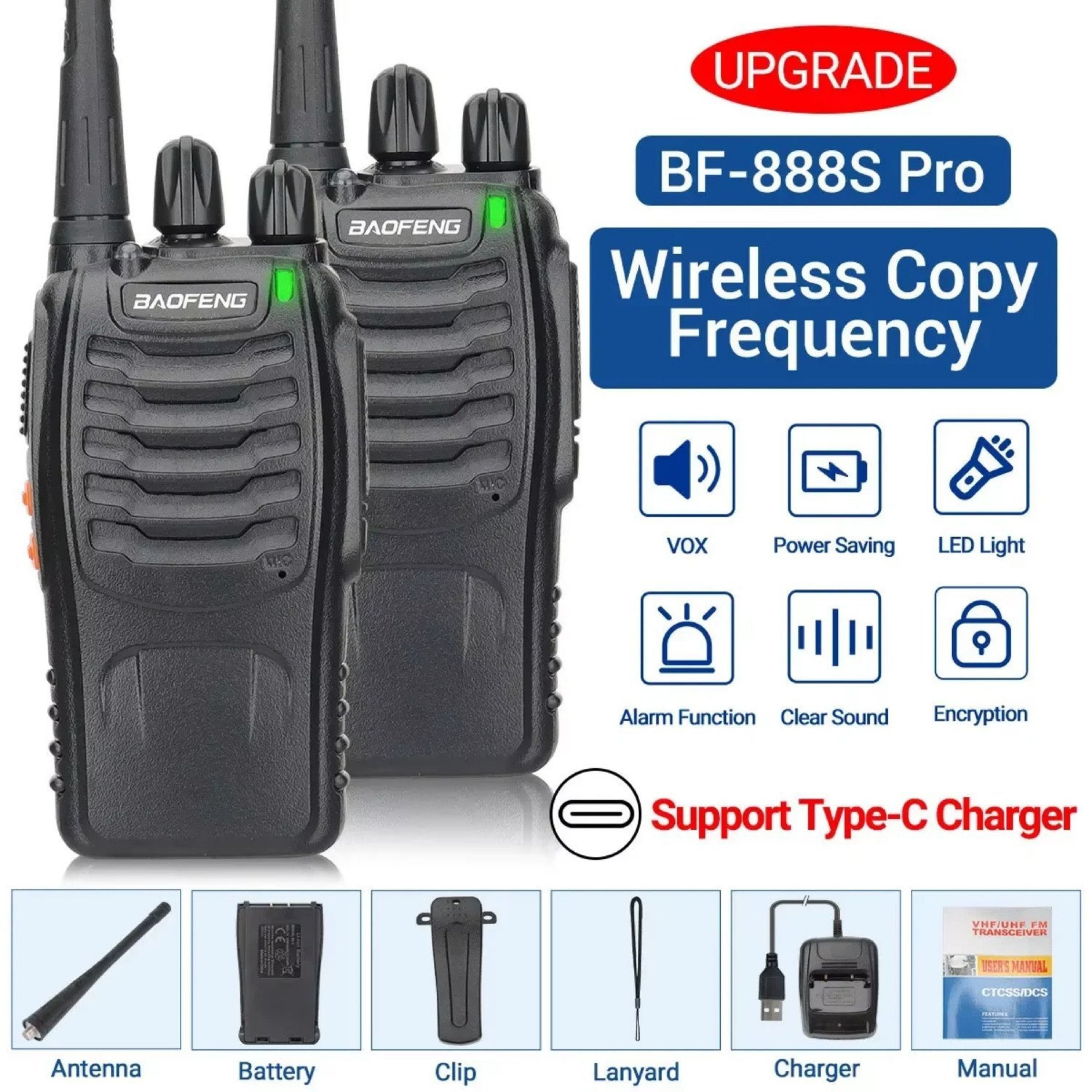 Two Baofeng BF-888S Pro walkie talkies with wireless copy frequency, Type-C charger, accessories included.