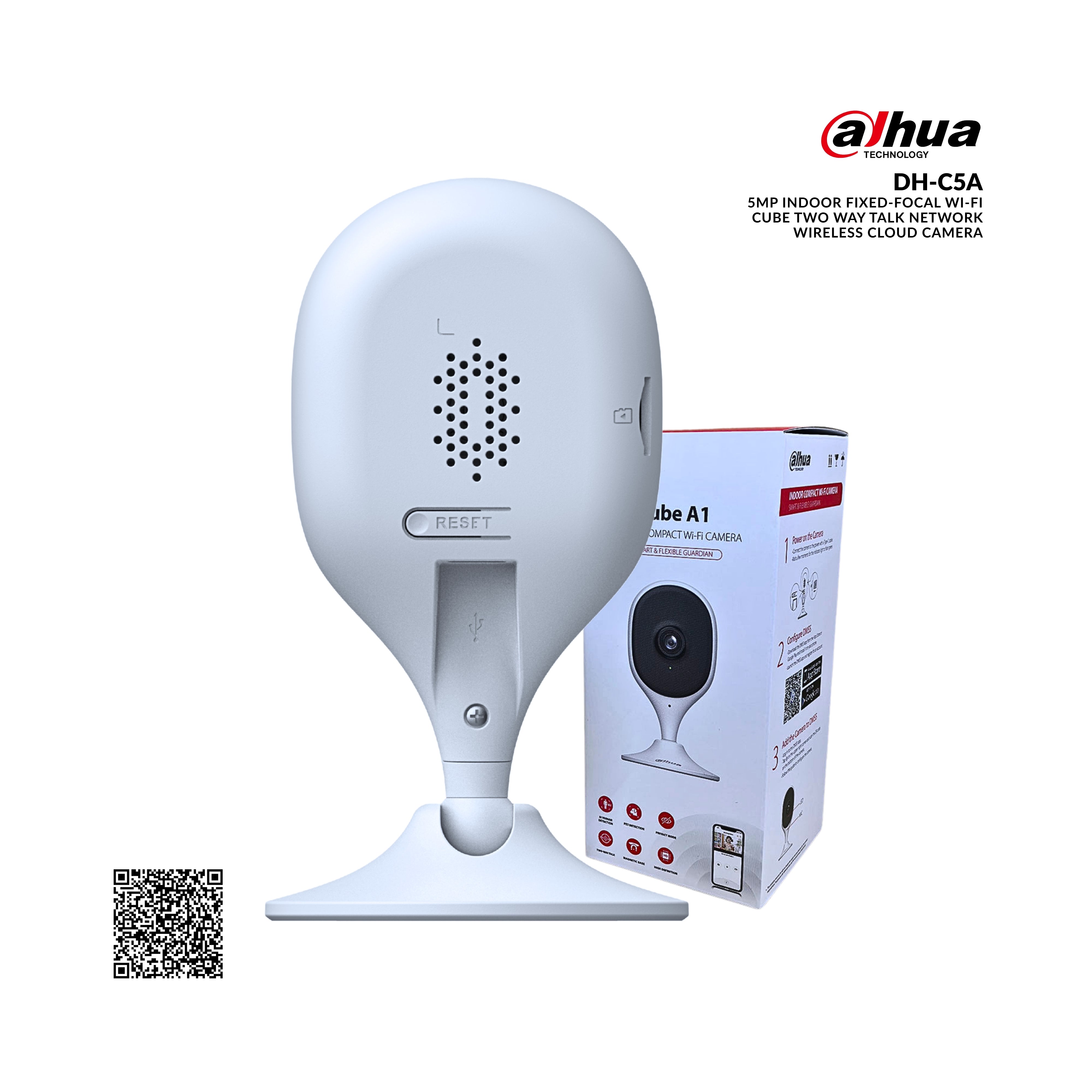 White security camera with packaging on a white background, featuring the Dahua logo.
