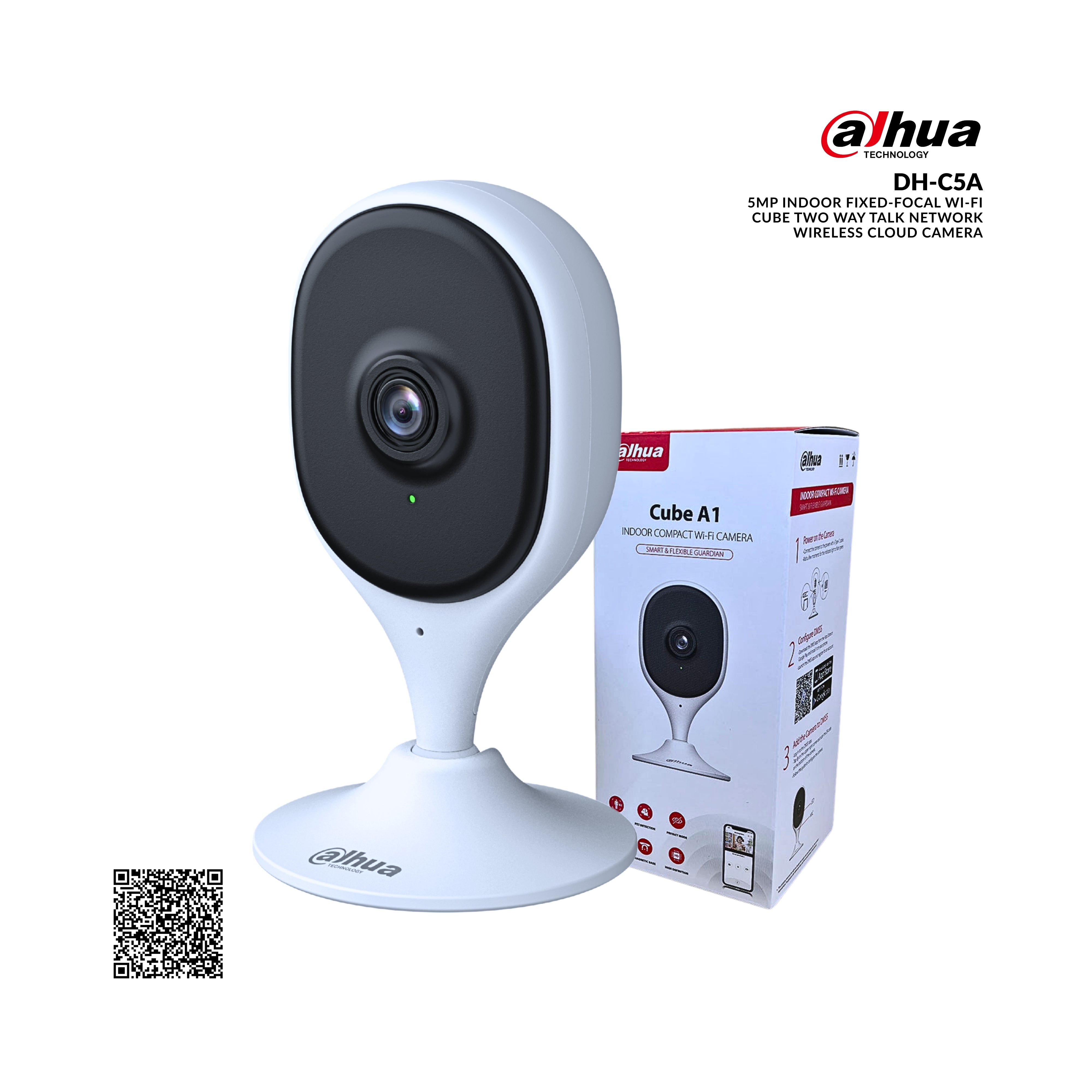 Dahua indoor fixed-focal Wi-Fi camera with packaging on a white background