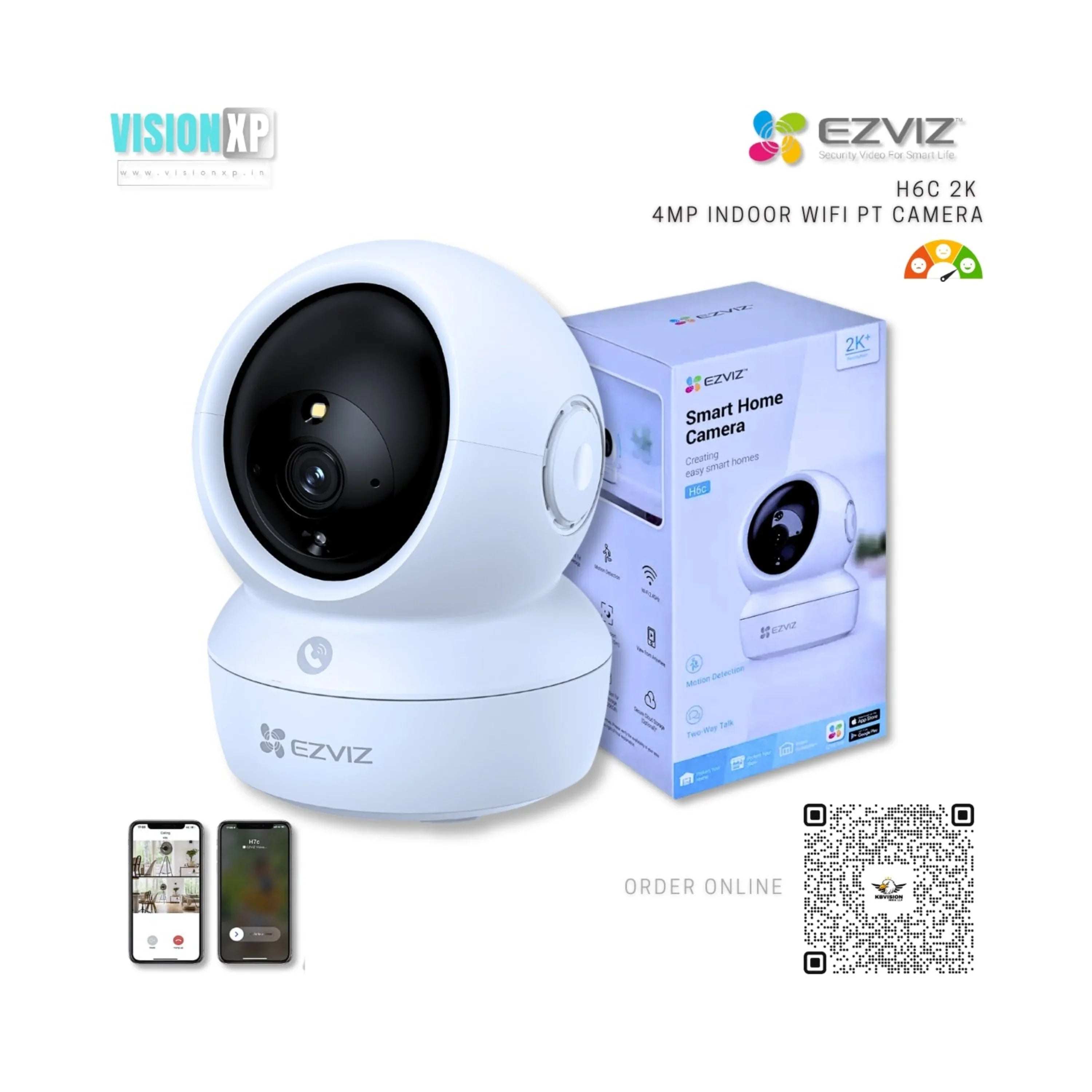 EZVIZ smart home camera with packaging and smartphone app icons on a ...