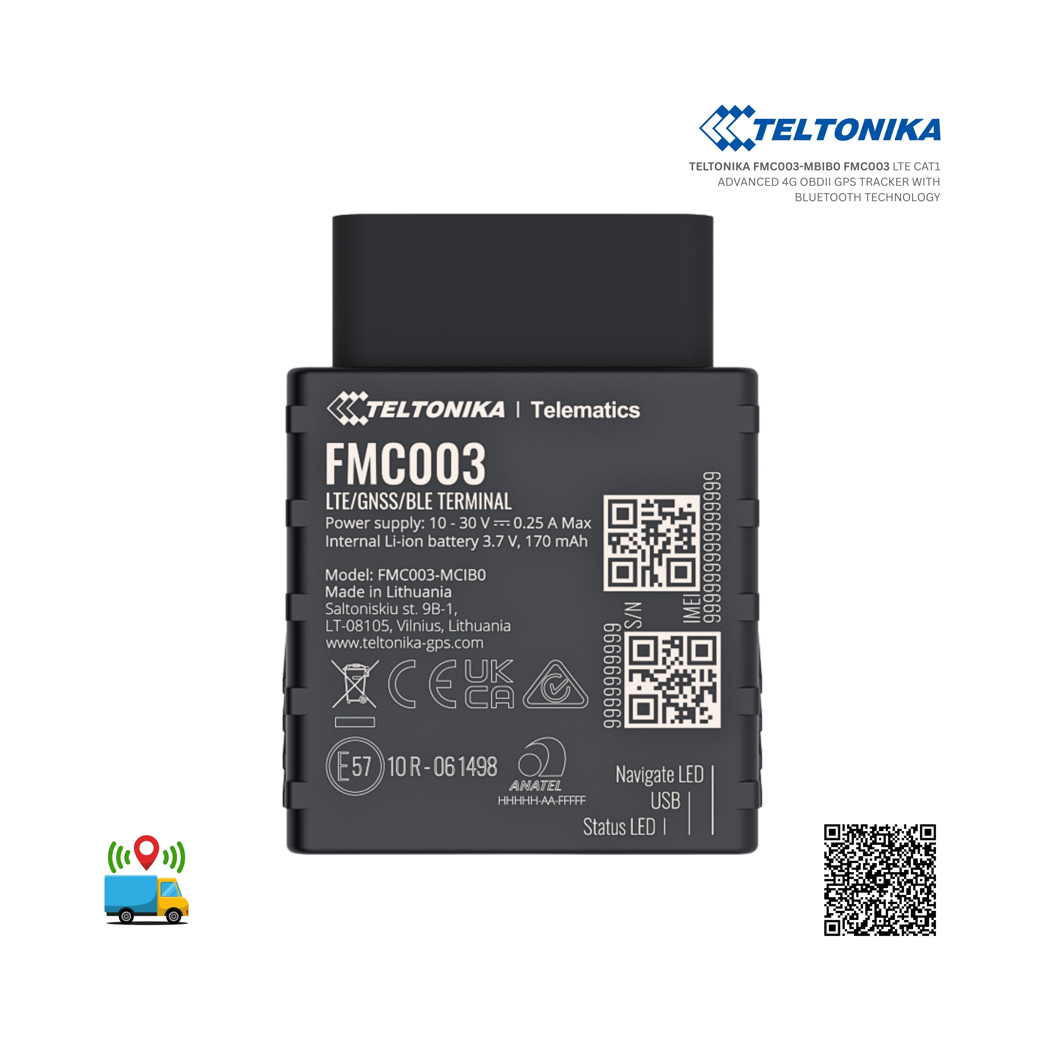 Teltonika FMC003 GPS tracker with QR codes and branding on a white background