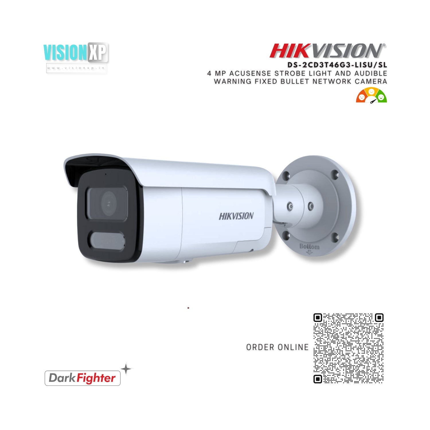 Hikvision DS-2CD3T46G3-LISU/SL 4 MP AcuSense Strobe Light and Audible Warning Fixed Bullet Network Camera