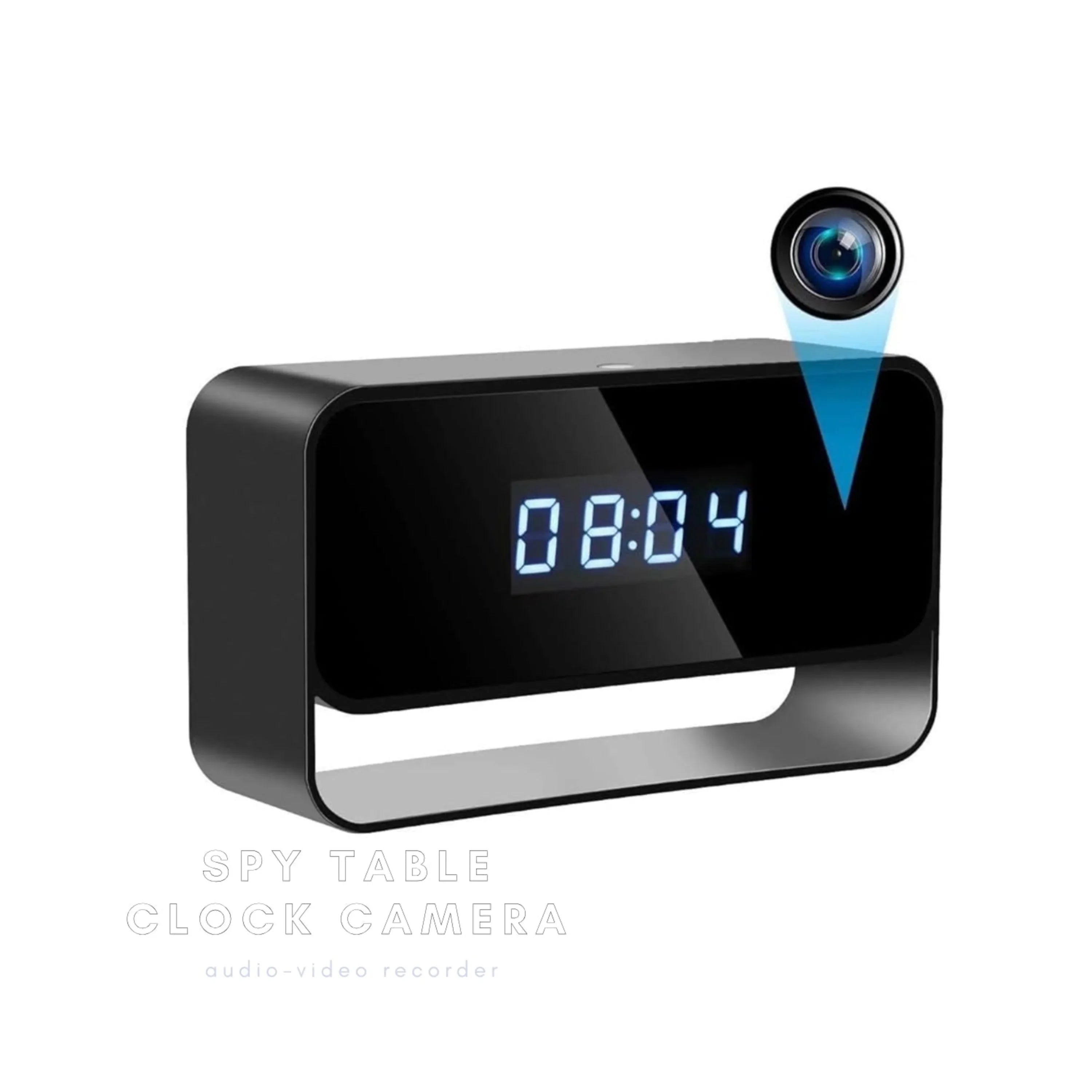 Digital clock with a hidden camera on a white background