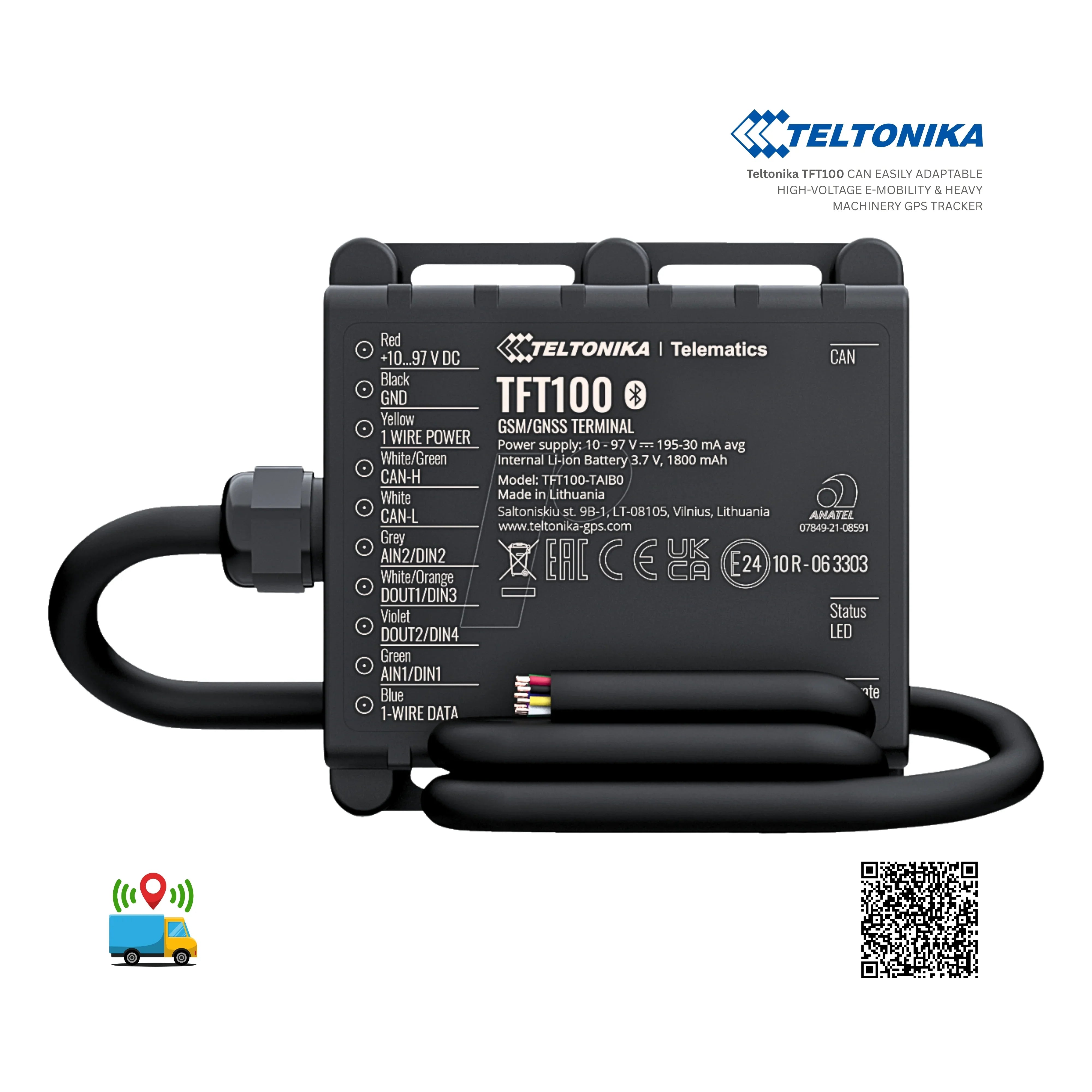 Teltonika TFT100 device with connectors on a white background