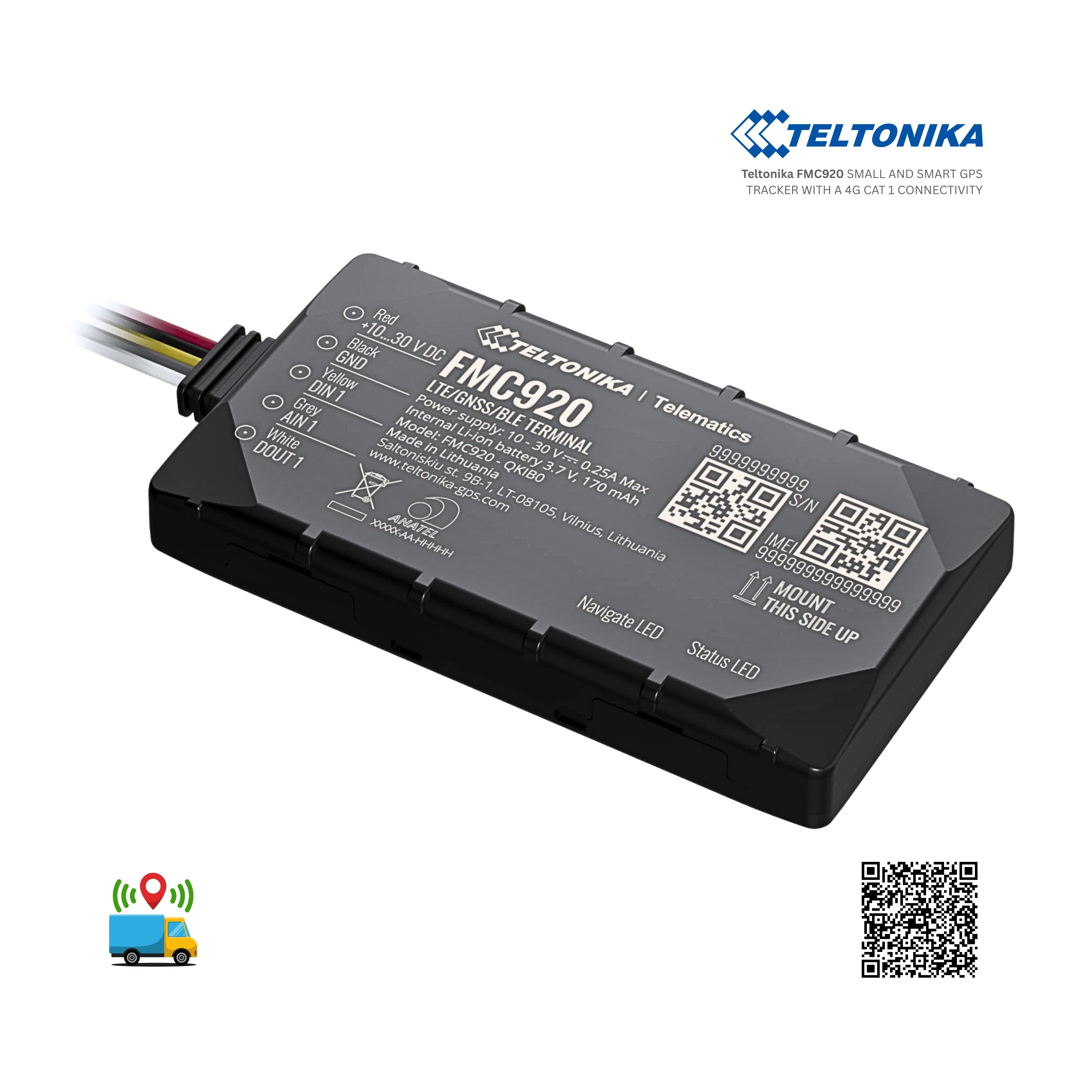 Teltonika FMC920 compact GPS tracker device with 4G connectivity and wiring harness
