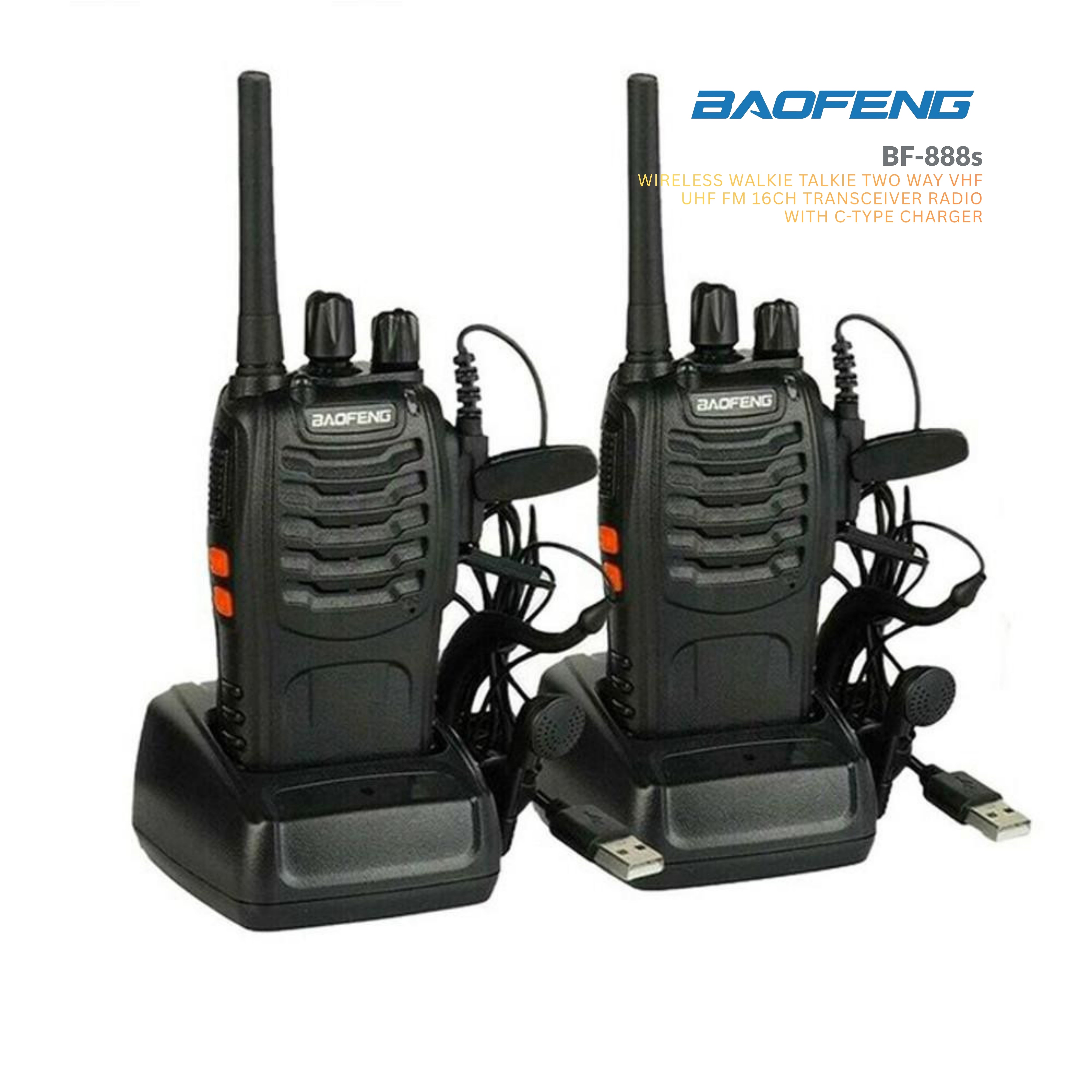 Two Baofeng walkie-talkies with chargers on a white background