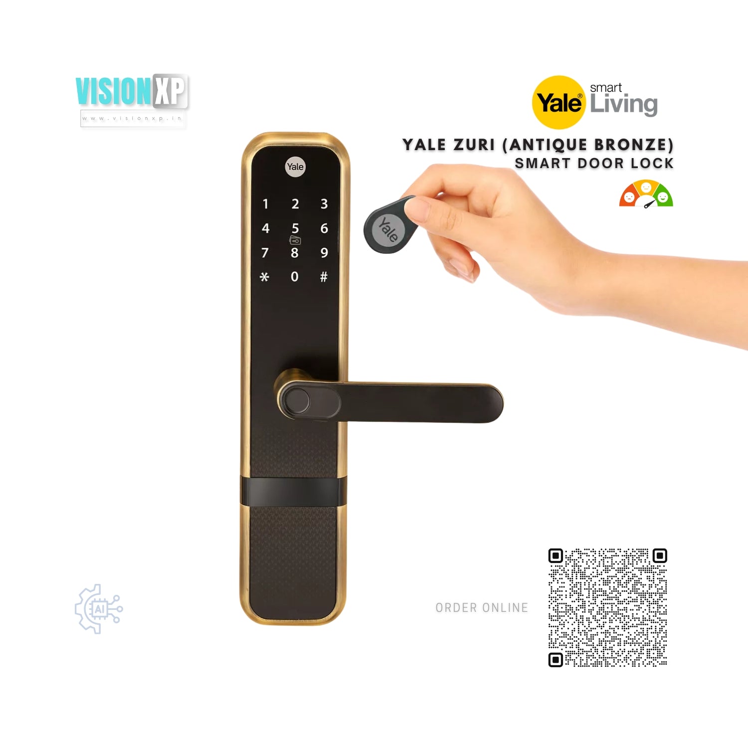 Yale Zuri Smart Lock Antique Bronze Gold with 5 way unlocking Fingerprint, PIN, RFID, Manual Key and Built-in Bluetooth
