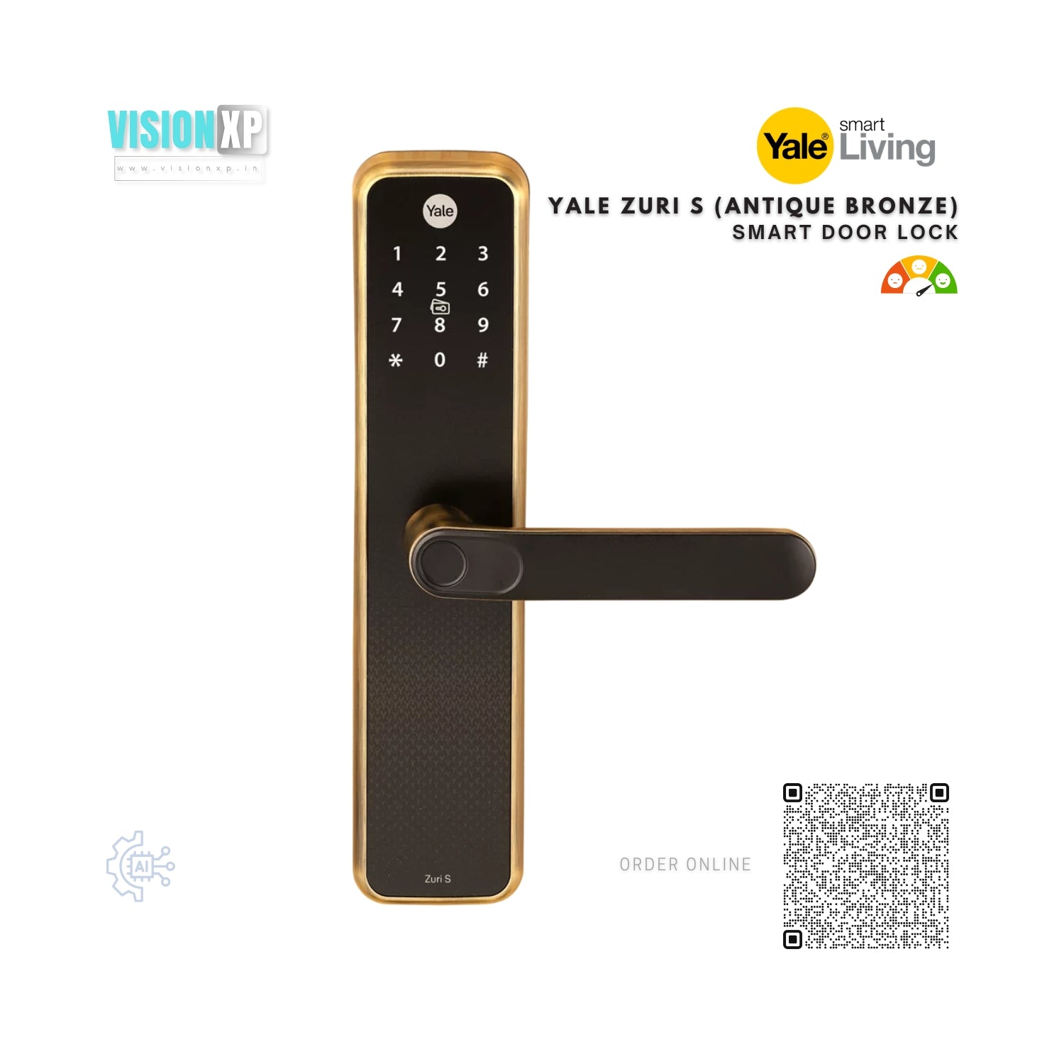 Yale Zuri S Antique Bronze Gold Smart Lock with 5 way unlocking Fingerprint, PIN, RFID, Manual Key and Built-in Bluetooth to Access through Home App