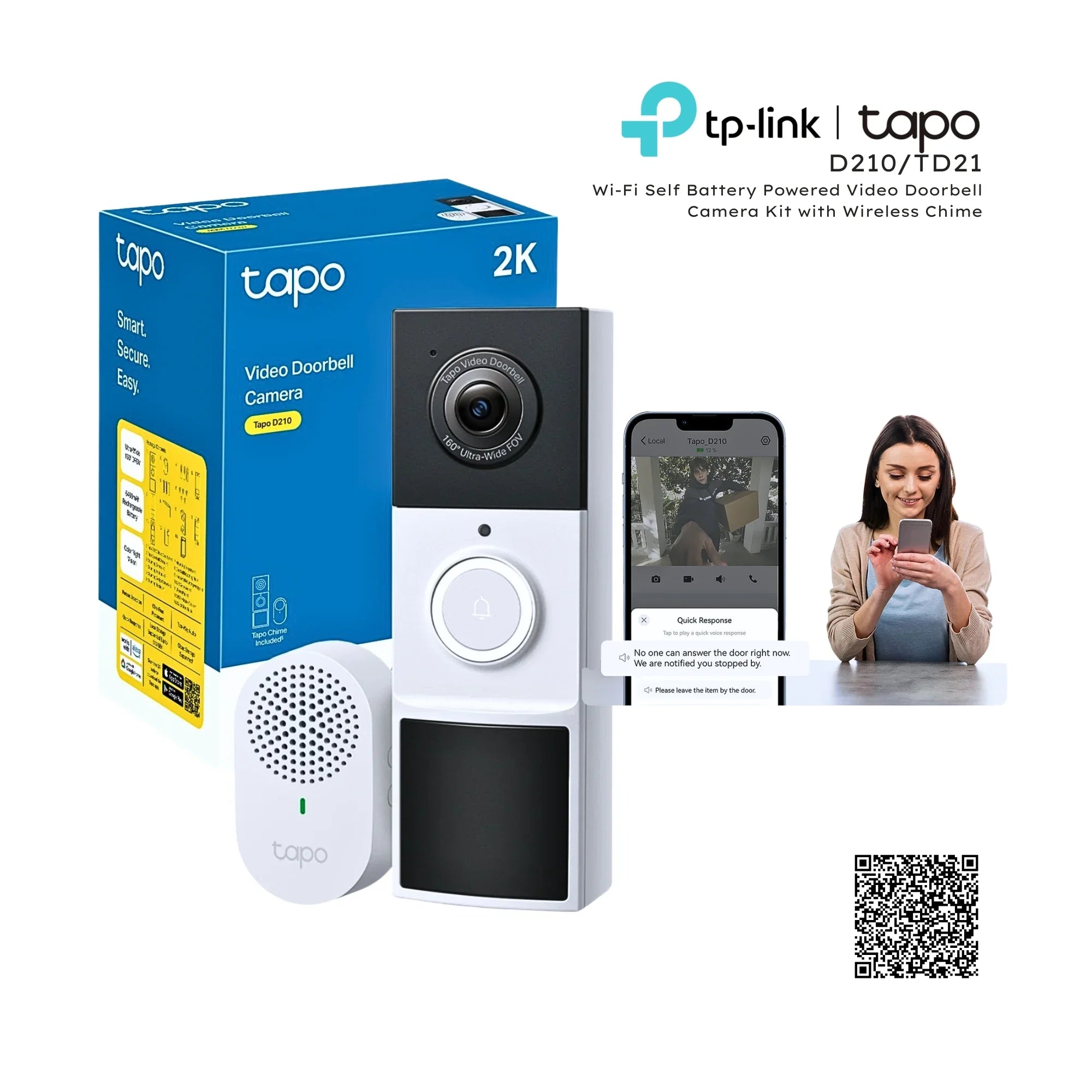 Tp-link Tapo D210 TD21 Wi-Fi Self Battery Powered Video Doorbell Kit ...