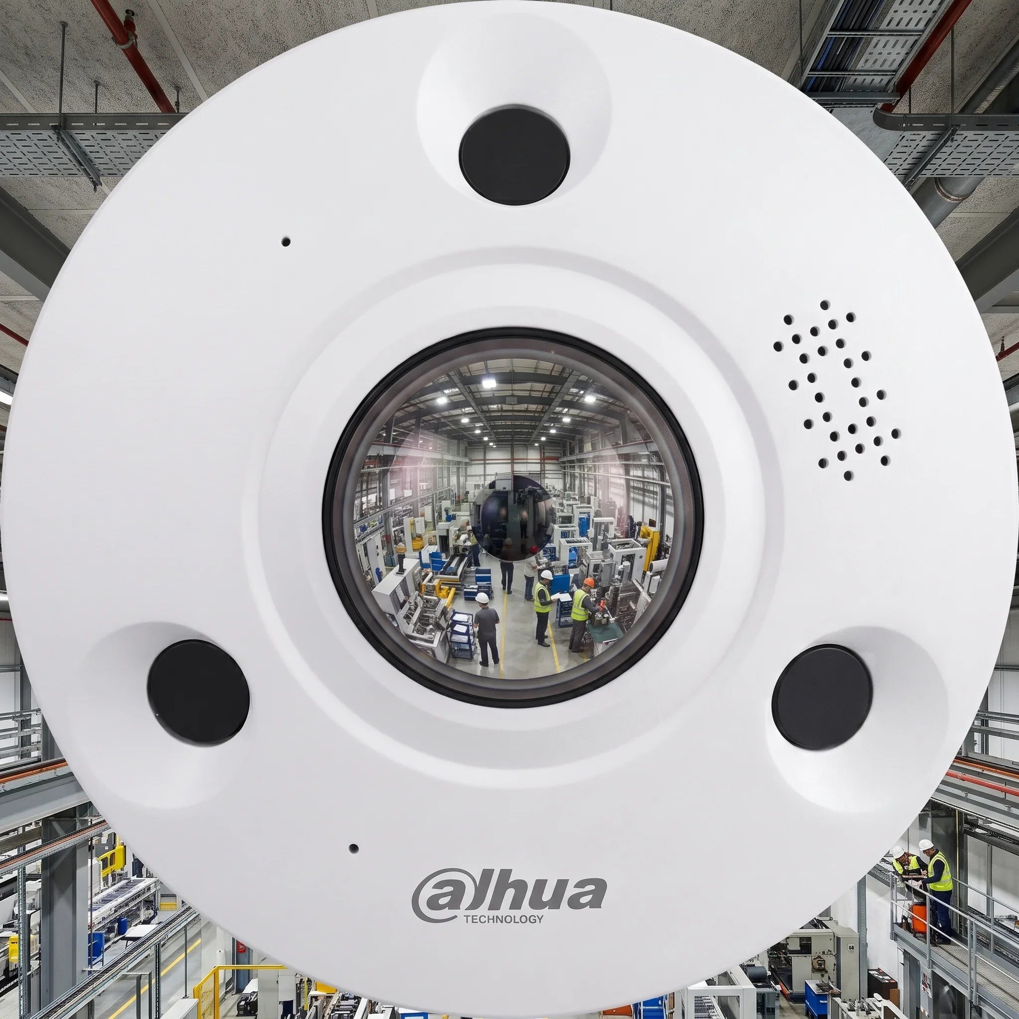 Dahua 360-degree security camera monitoring factory floor with workers and machinery
