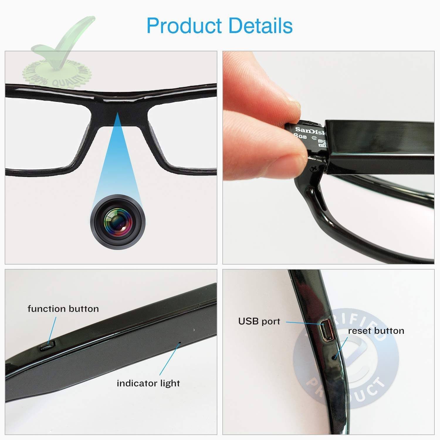 1080p FHD Ultra Slim Invisible Lens Eyewear Goggles Hidden Spy Camera