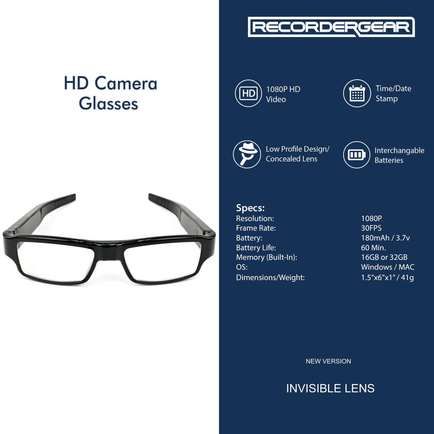 1080p FHD Ultra Slim Invisible Lens Eyewear Goggles Hidden Spy Camera
