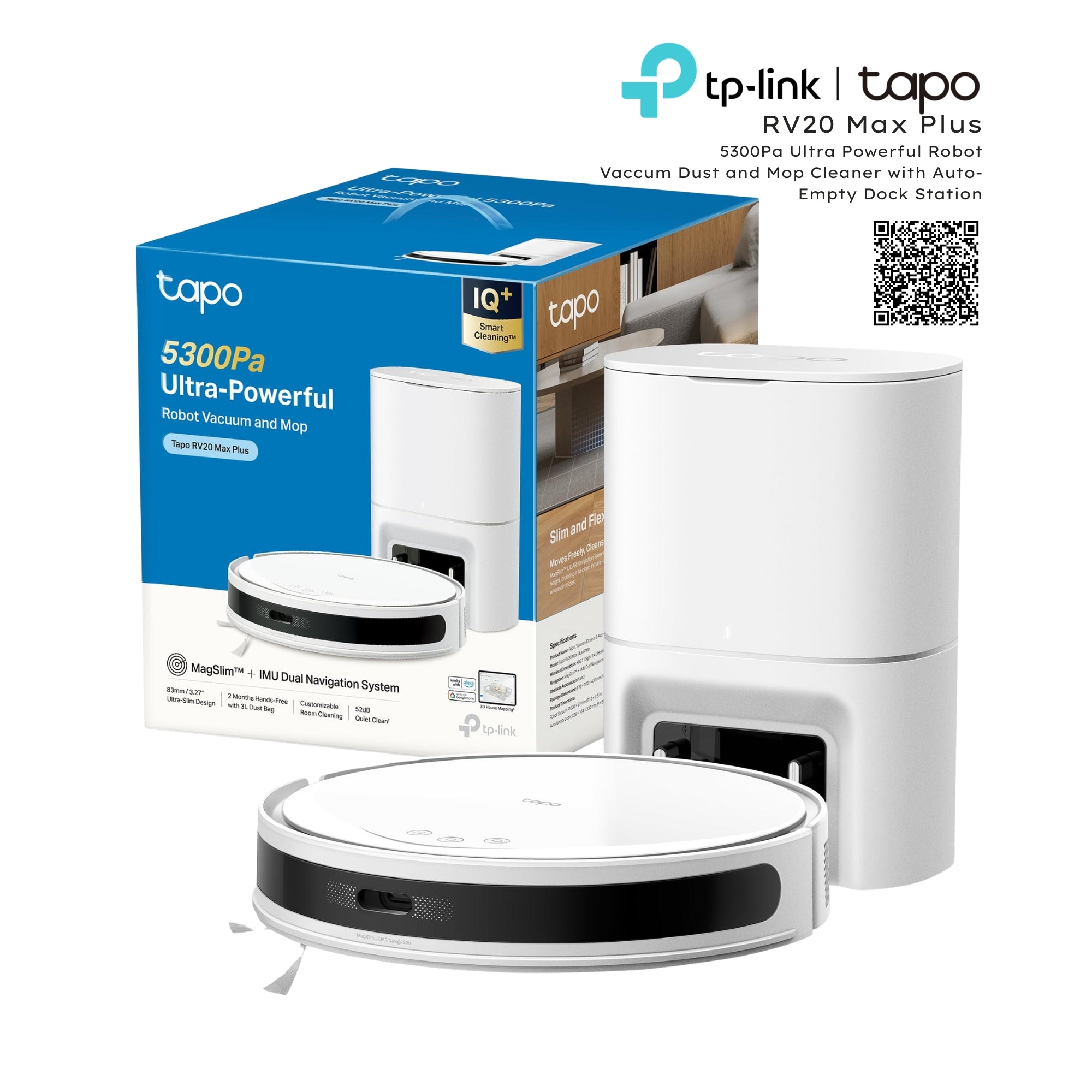 TP-Link Tapo RV20 Max Plus robot vacuum and mop with packaging on a white background