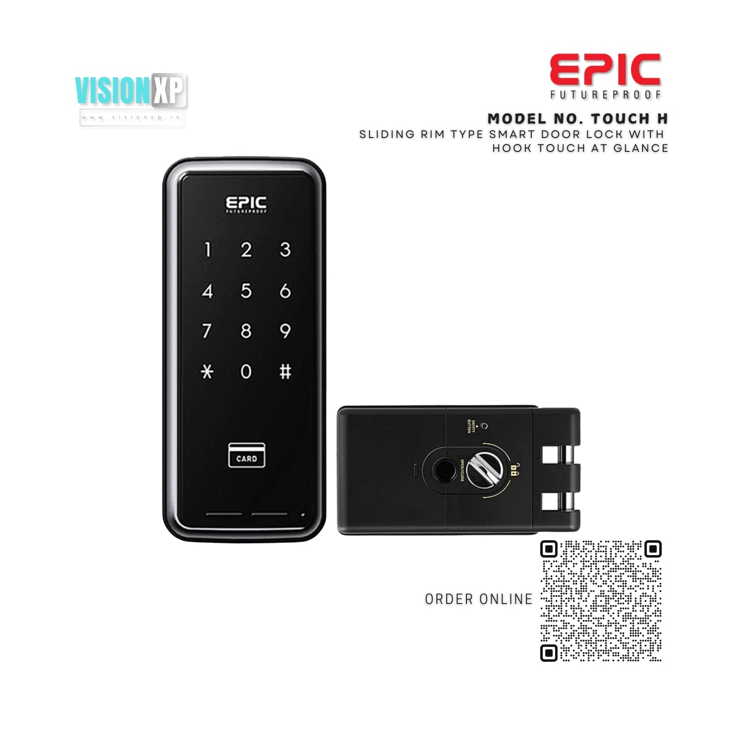 Epic Touch H Sliding Rim Type Smart Door Lock with Hook Touch at glance