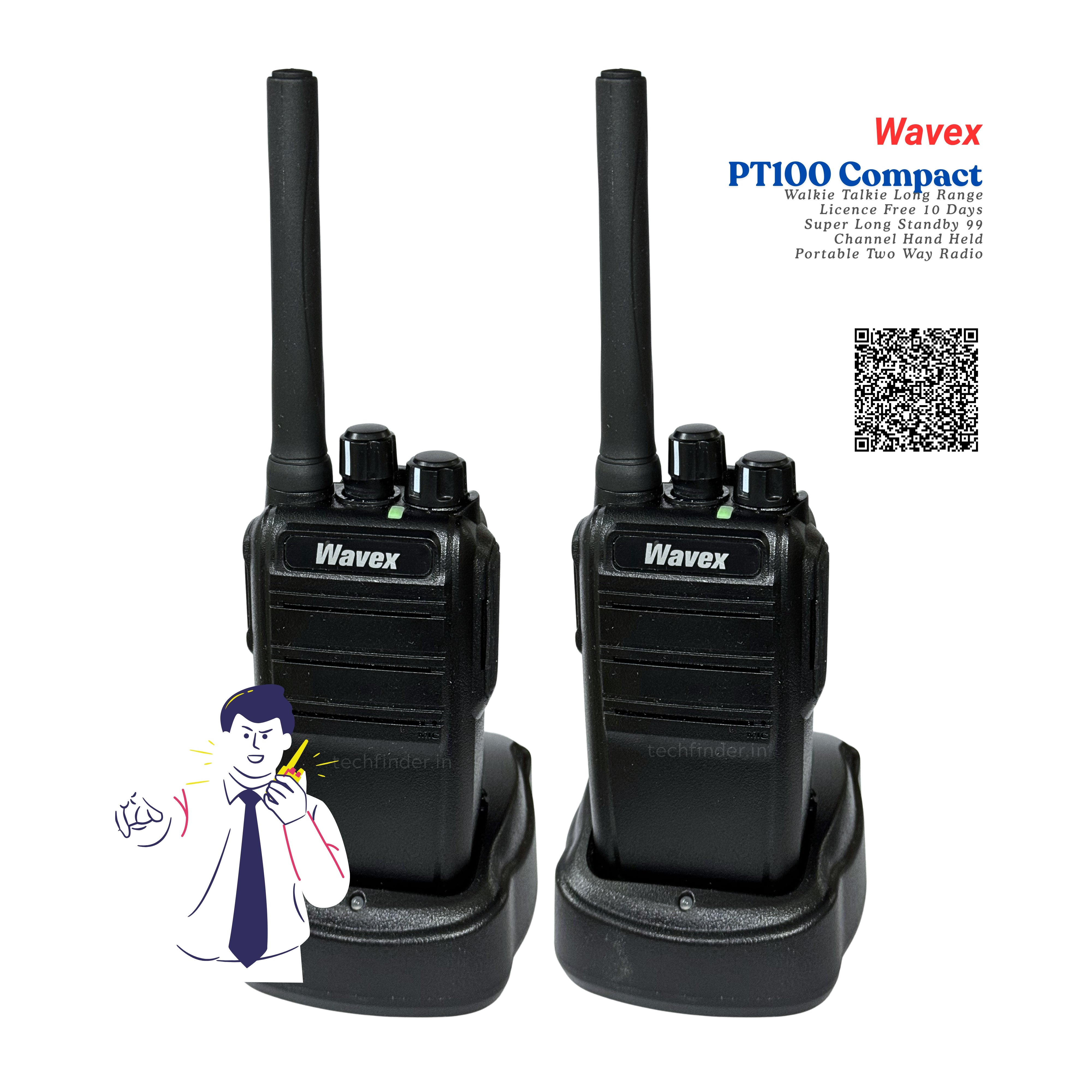 Two Wavex PT100 Compact walkie-talkies on a white background with branding and product details.
