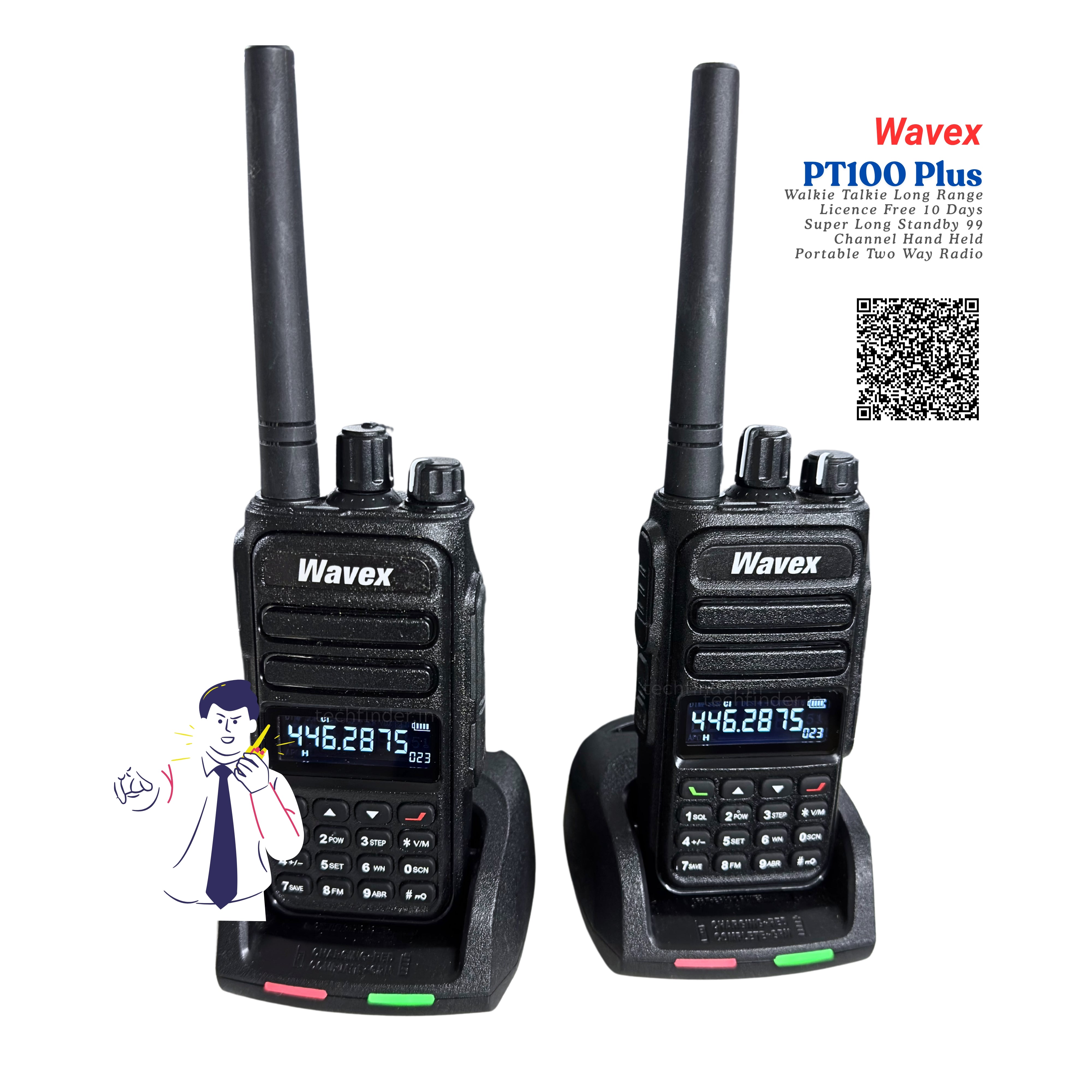 Two Wavex PT100 Plus walkie talkies on a white background with branding and product details.