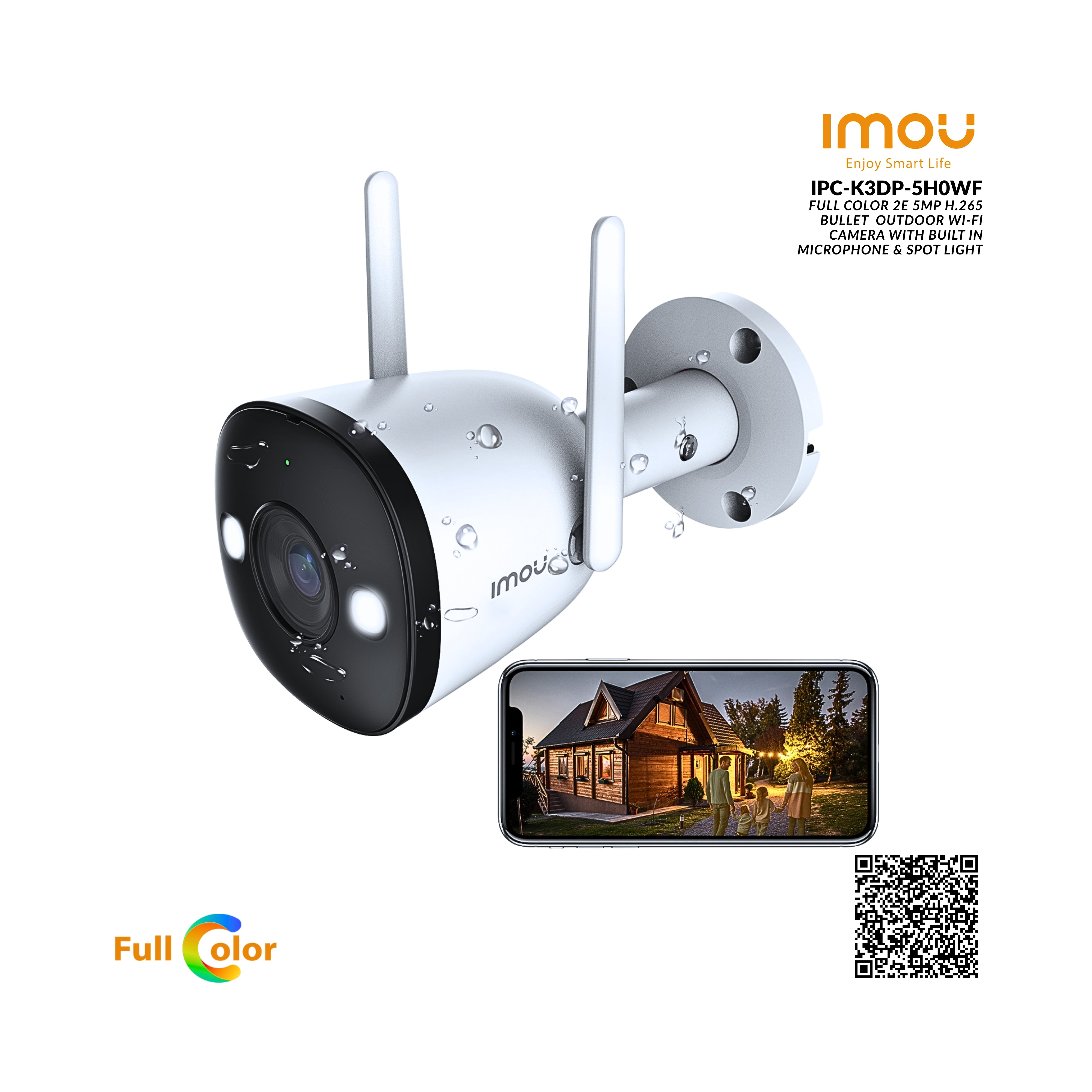 Outdoor security camera with smartphone display and QR code on a white background